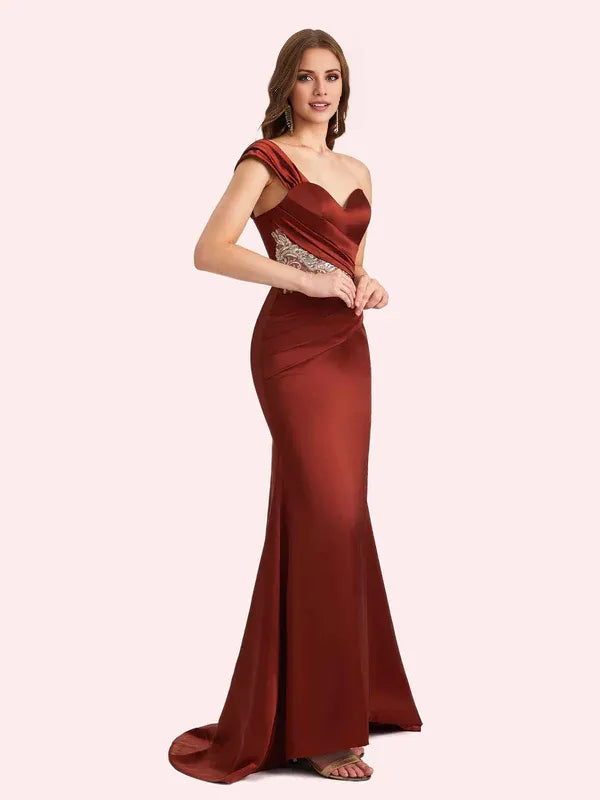 Vestido Weitese elegante de un hombro sin mangas estilo sirena suave satén maxi vestido de madrina para boda vestido de fiesta